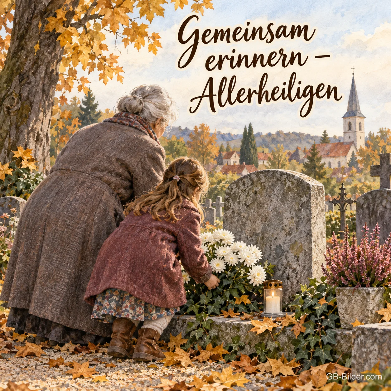 Eine Großmutter und ihre Enkelin legen im Herbst weiße Chrysanthemen auf ein Grab, Text: Gemeinsam erinnern – Allerheiligen Eine Großmutter und ihre Enkelin legen im Herbst weiße Chrysanthemen auf ein Grab, Text: Gemeinsam erinnern – Allerheiligen