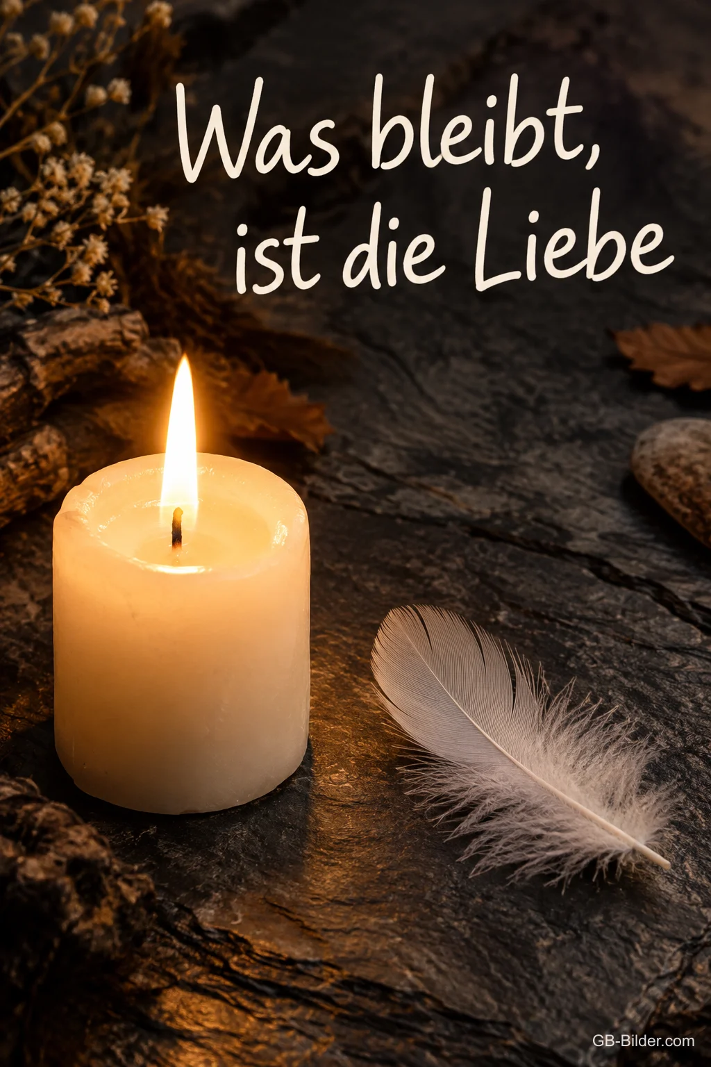 Eine brennende Kerze und eine weiße Feder liegen auf dunklem Schiefer, Text: Was bleibt, ist die Liebe Eine brennende Kerze und eine weiße Feder liegen auf dunklem Schiefer, Text: Was bleibt, ist die Liebe
