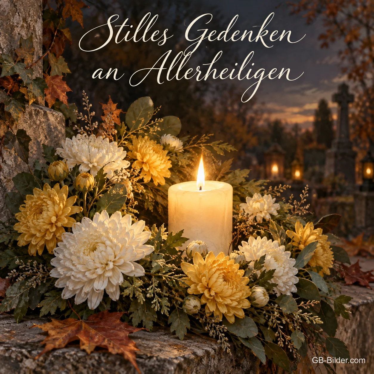 Ein Gesteck aus weißen und gelben Chrysanthemen umrahmt eine brennende Kerze am Friedhof, Text: Stilles Gedenken an Allerheiligen Ein Gesteck aus weißen und gelben Chrysanthemen umrahmt eine brennende Kerze am Friedhof, Text: Stilles Gedenken an Allerheiligen