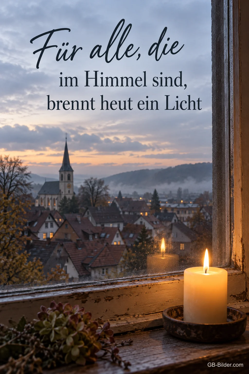 Eine Kerze brennt am Fenster über den Dächern einer kleinen Stadt in der Abenddämmerung, Text: Für alle, die im Himmel sind, brennt heut ein Licht Eine Kerze brennt am Fenster über den Dächern einer kleinen Stadt in der Abenddämmerung, Text: Für alle, die im Himmel sind, brennt heut ein Licht