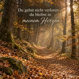 Ein Waldweg voller goldener Blätter liegt im Herbstlicht, Sonnenstrahlen fallen durch die Bäume, Text: Du gehst nicht verloren – du bleibst in meinem Herzen