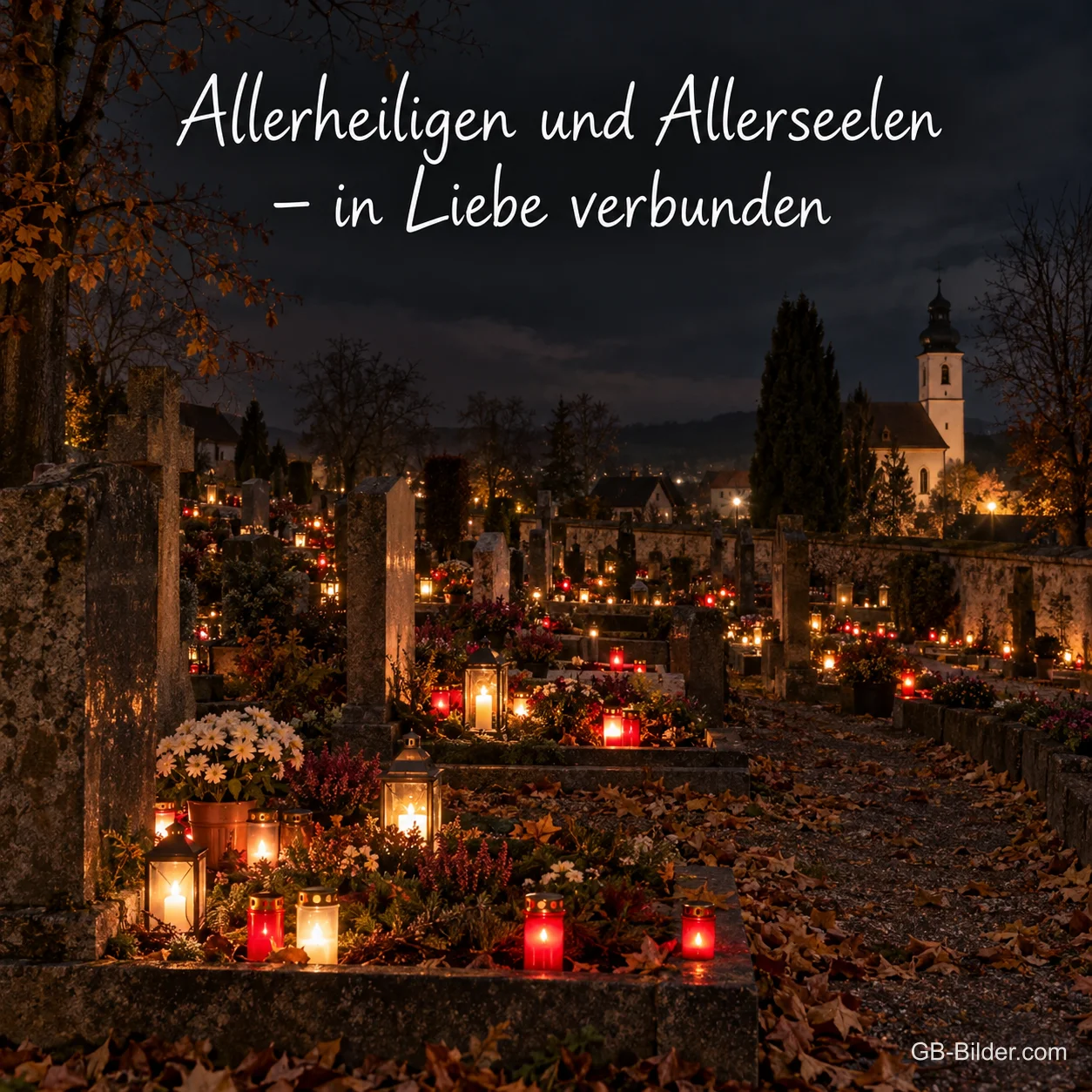 Ein Friedhof leuchtet am Abend voller roter und weißer Grablichter vor einer Dorfkirche, Text: Allerheiligen und Allerseelen – in Liebe verbunden Ein Friedhof leuchtet am Abend voller roter und weißer Grablichter vor einer Dorfkirche, Text: Allerheiligen und Allerseelen – in Liebe verbunden