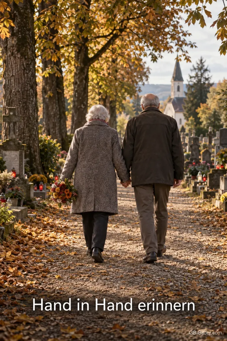 Ein älteres Paar geht Hand in Hand mit Blumen eine herbstliche Friedhofsallee entlang, Text: Hand in Hand erinnern
