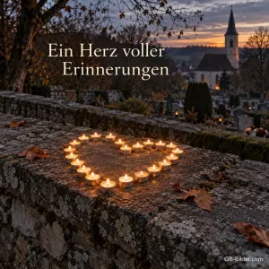 Teelichter bilden in der Dämmerung ein Herz auf einer alten Friedhofsmauer, Text: Ein Herz voller Erinnerungen