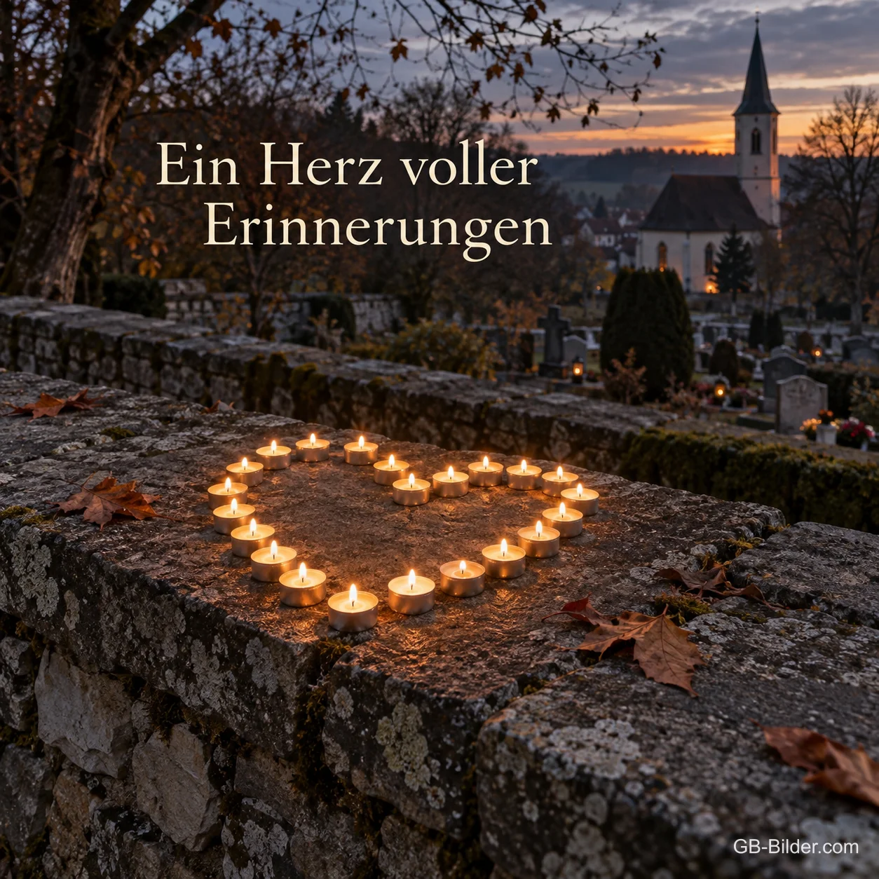 Teelichter bilden in der Dämmerung ein Herz auf einer alten Friedhofsmauer, Text: Ein Herz voller Erinnerungen Teelichter bilden in der Dämmerung ein Herz auf einer alten Friedhofsmauer, Text: Ein Herz voller Erinnerungen