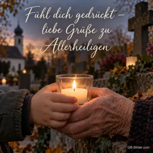 Eine Kinderhand und die Hand einer Großmutter halten gemeinsam ein Windlicht auf dem Friedhof, Text: Fühl dich gedrückt – liebe Grüße zu Allerheiligen