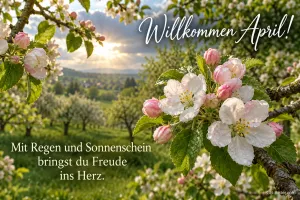Apfelblütenzweig über einer Obstwiese, Text: Willkommen April! – Mit Regen und Sonnenschein bringst du Freude ins Herz.