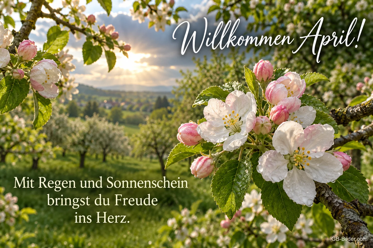 Apfelblütenzweig über einer Obstwiese, Text: Willkommen April! – Mit Regen und Sonnenschein bringst du Freude ins Herz.