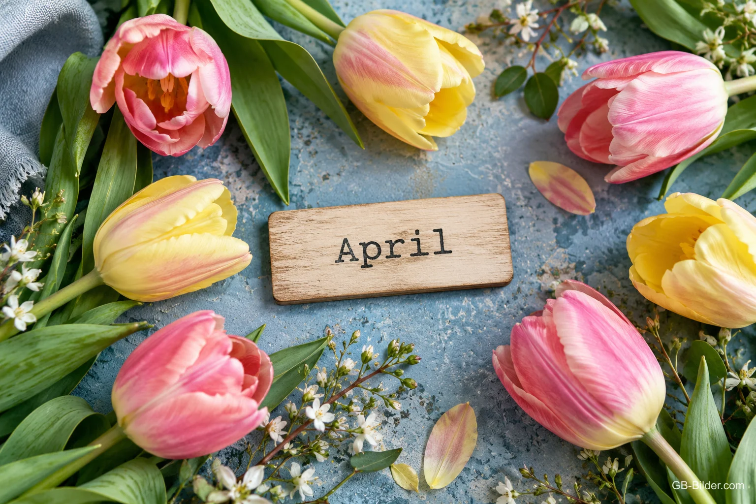 Rosa und gelbe Tulpen um ein Holzschild, Text: April