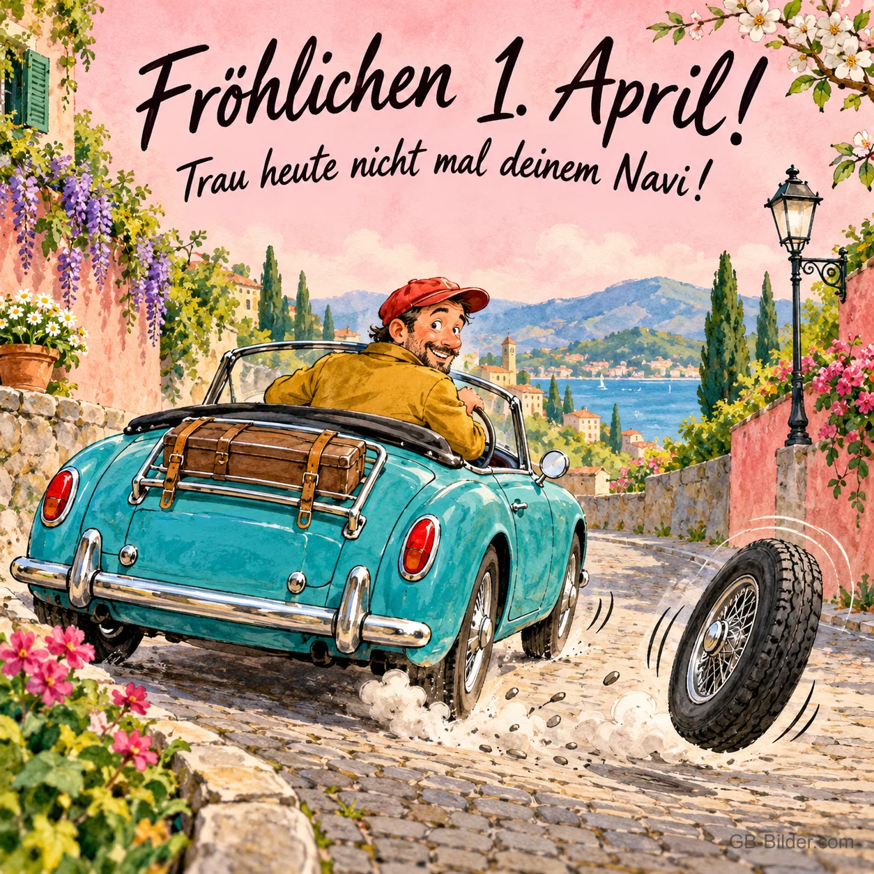 Lachender Mann im Cabrio verliert ein Rad, Text: Fröhlichen 1. April! – Trau heute nicht mal deinem Navi!