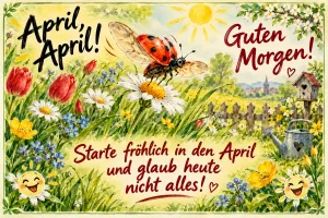 Marienkäfer fliegt über eine Frühlingswiese, Text: April, April! Guten Morgen! – Starte fröhlich in den April und glaub heute nicht alles!