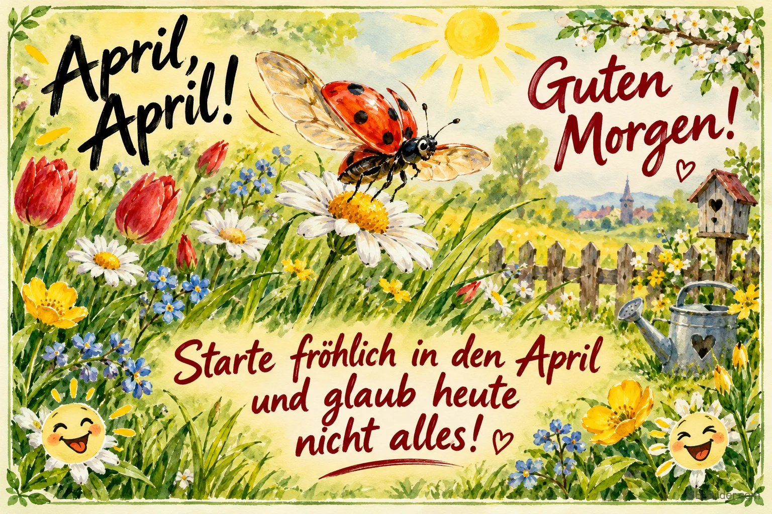 Marienkäfer fliegt über eine Frühlingswiese, Text: April, April! Guten Morgen! – Starte fröhlich in den April und glaub heute nicht alles!