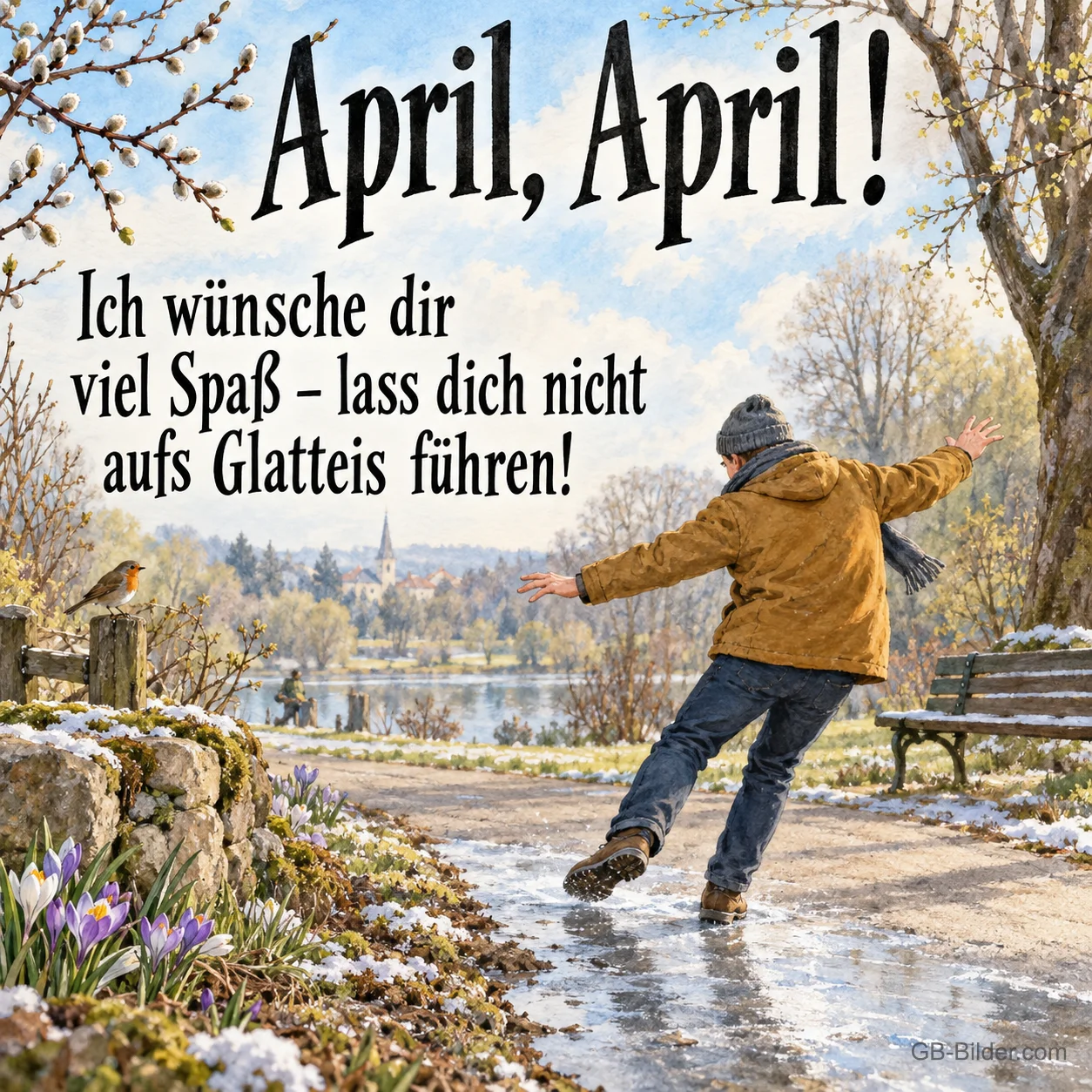Mann rutscht auf Glatteis aus, Text: April, April! Lass dich nicht aufs Glatteis führen!