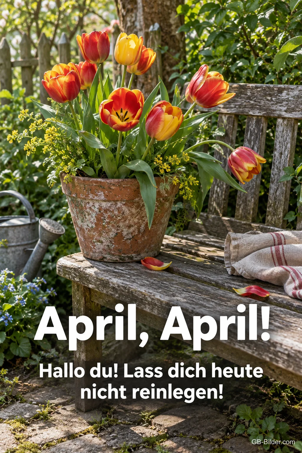 Tulpen im Topf auf einer Gartenbank, Text: April, April! Lass dich heute nicht reinlegen!