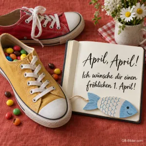 Zusammengebundene Turnschuhe und Papierfisch, Text: April, April! Einen fröhlichen 1. April!
