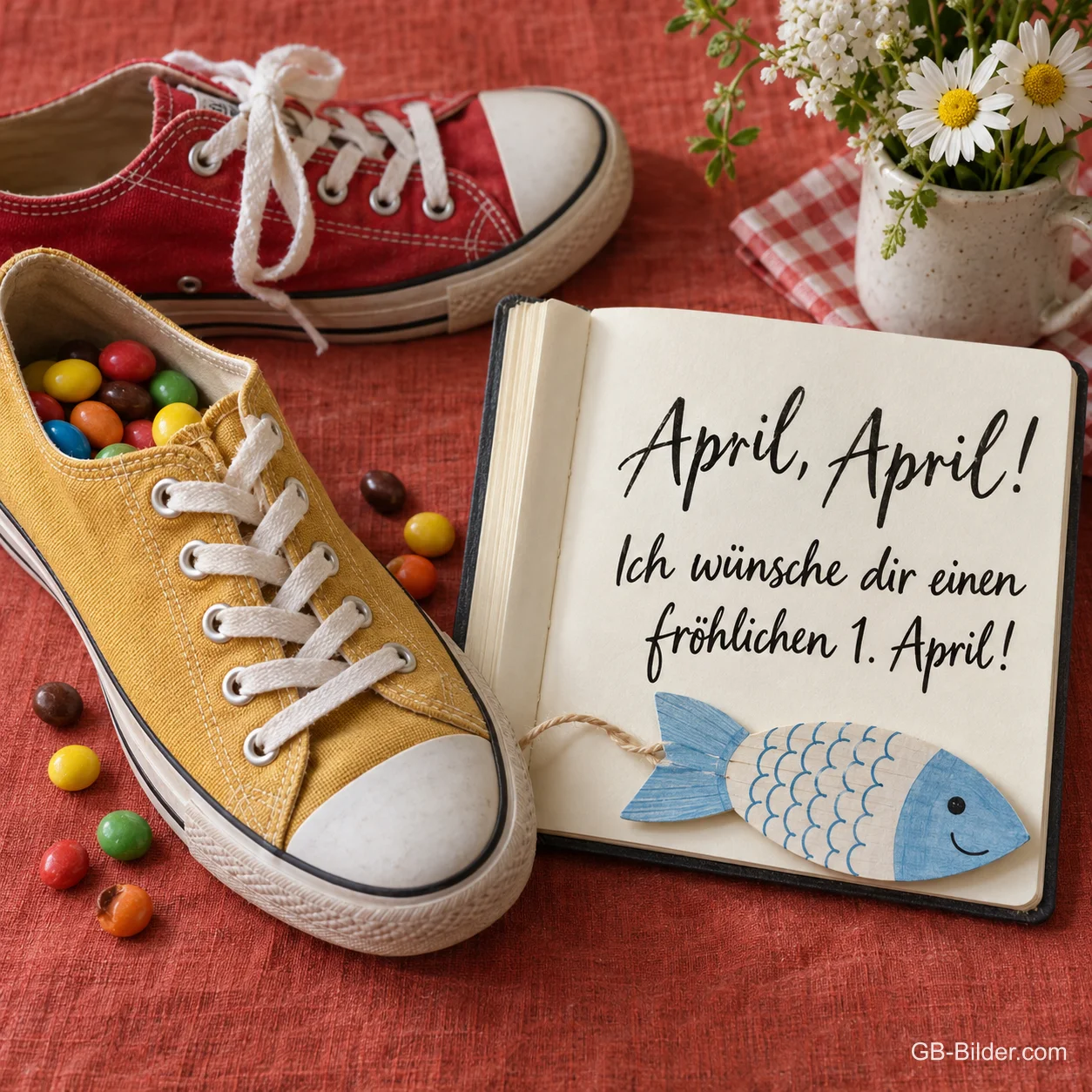 Zusammengebundene Turnschuhe und Papierfisch, Text: April, April! Einen fröhlichen 1. April!