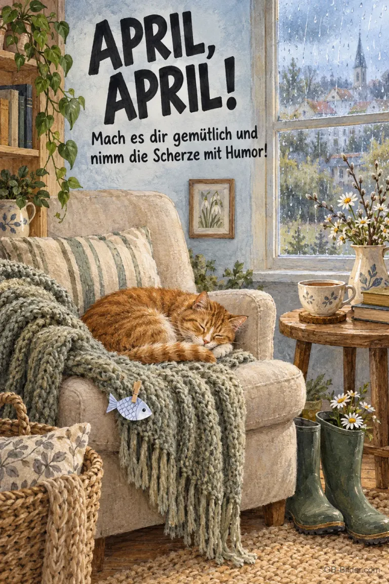Schlafende Katze im Sessel mit Papierfisch, Text: April, April! Nimm die Scherze mit Humor!