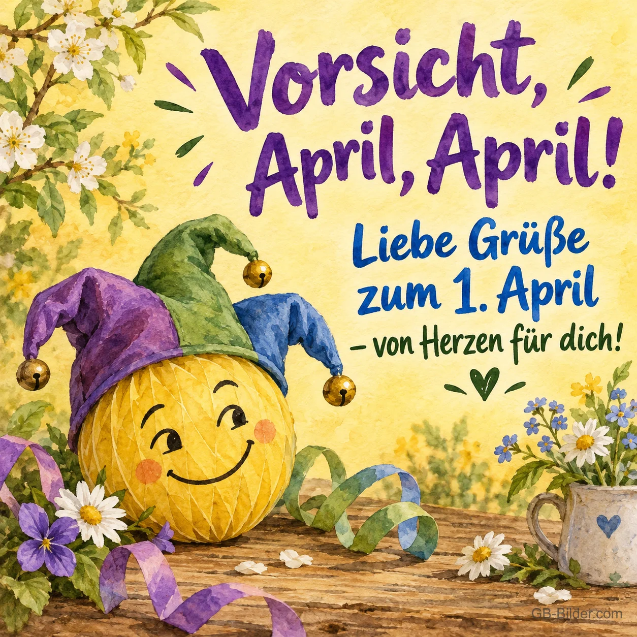 Wollknäuel mit Narrenkappe, Text: Vorsicht, April, April! Liebe Grüße zum 1. April