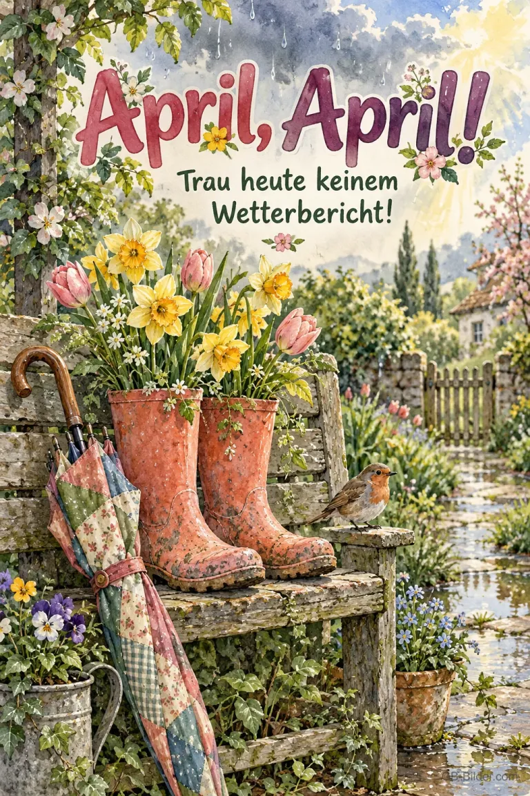 Gummistiefel mit Blumen und Regenschirm, Text: April, April! Trau heute keinem Wetterbericht!