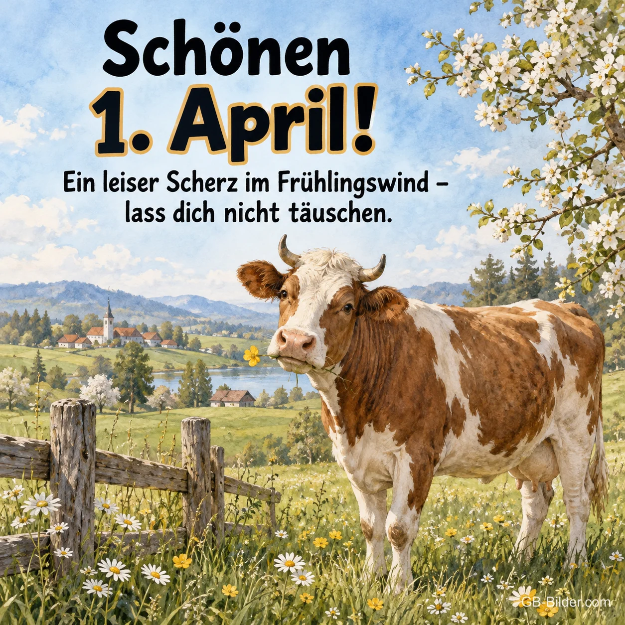 Kuh auf einer Frühlingswiese, Text: Schönen 1. April! Lass dich nicht täuschen.