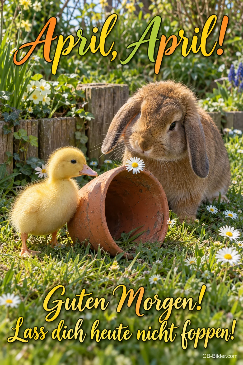 Entenküken und Kaninchen mit Blumentopf, Text: April, April! Guten Morgen! Lass dich heute nicht foppen!