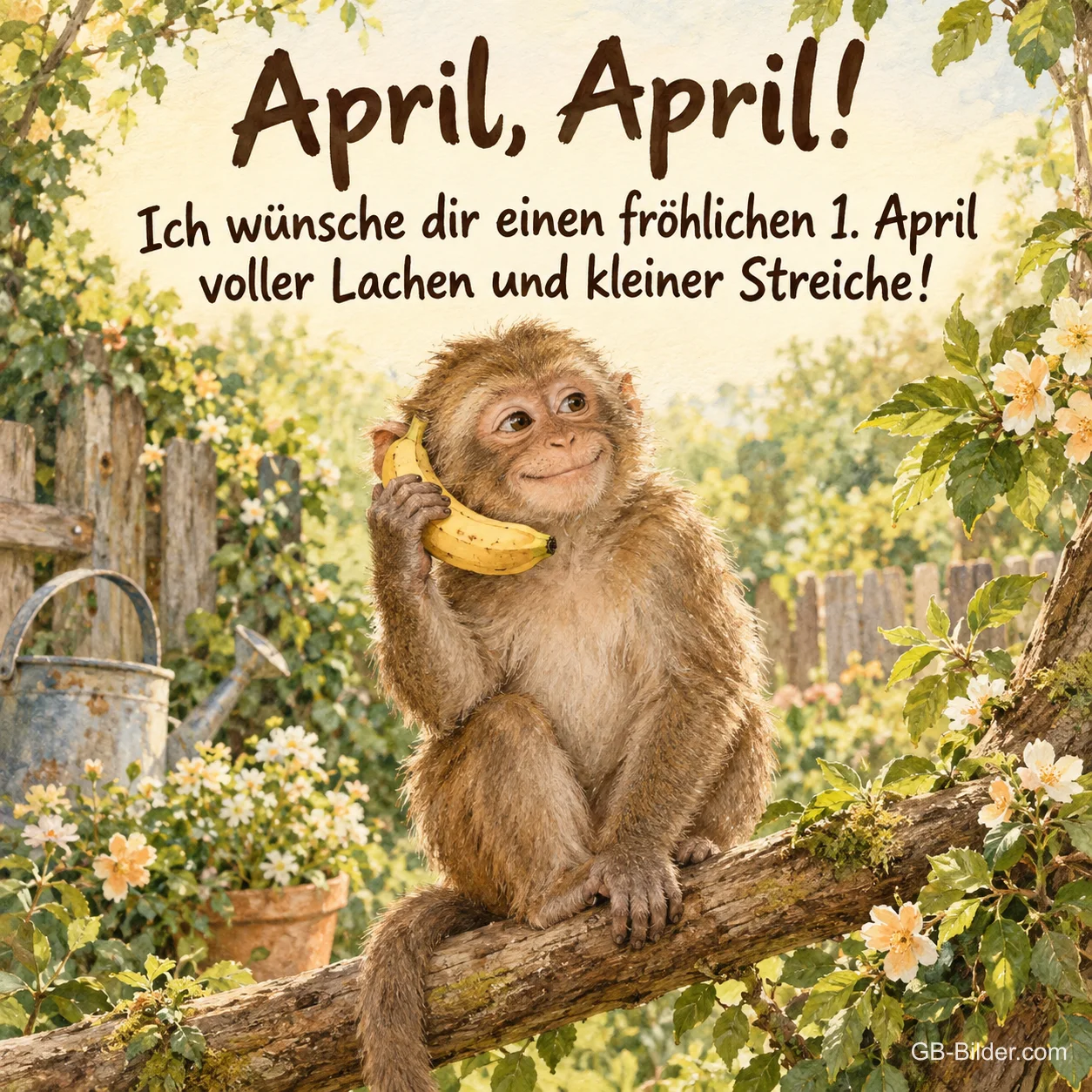 Äffchen mit Banane als Telefon, Text: April, April! Einen fröhlichen 1. April voller Lachen und kleiner Streiche!
