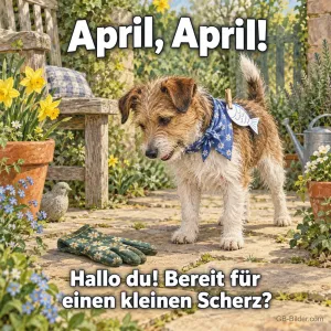 Terrier mit Papierfisch am Halstuch, Text: April, April! Bereit für einen kleinen Scherz?