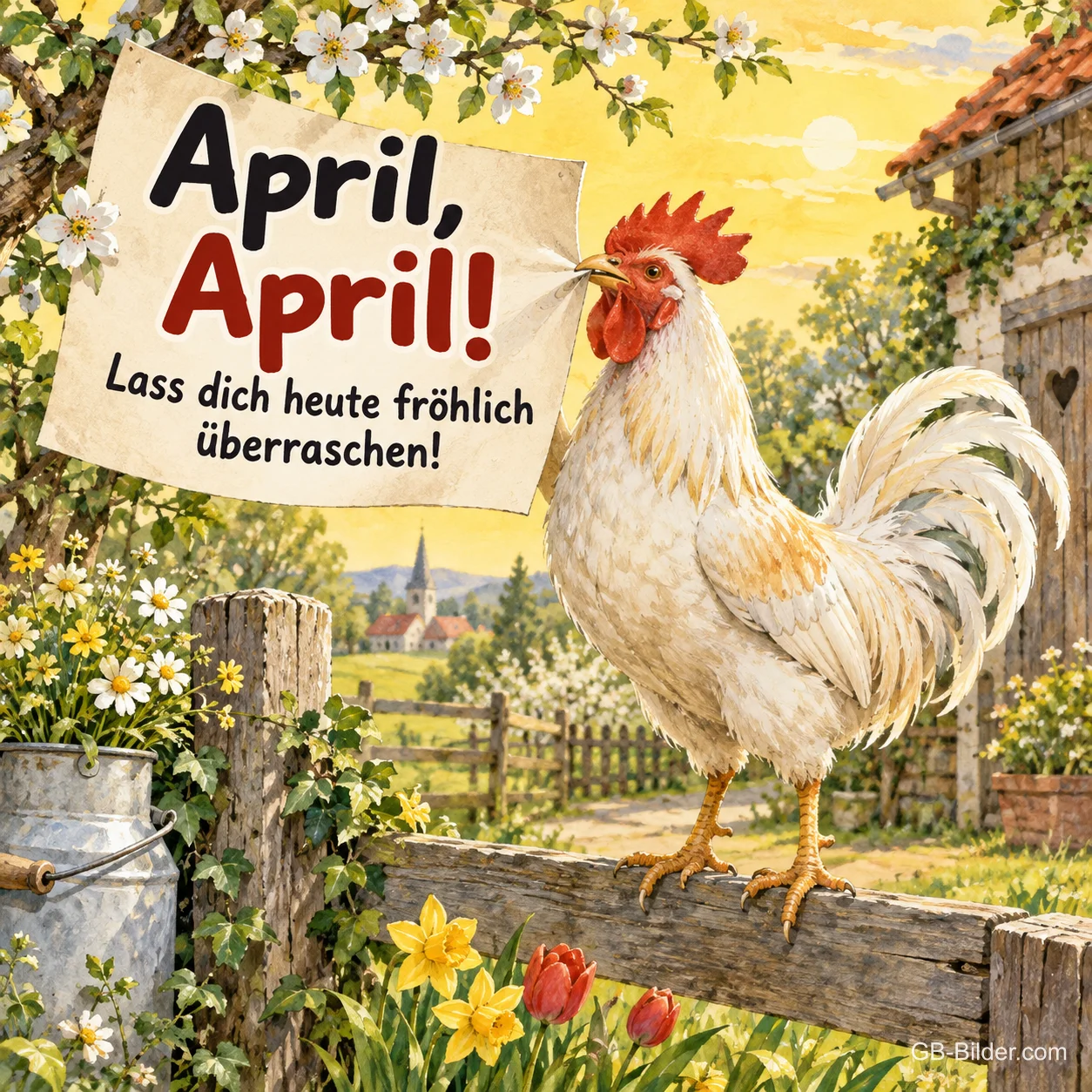 Hahn mit Zettel auf einem Gartenzaun, Text: April, April! Lass dich heute fröhlich überraschen!