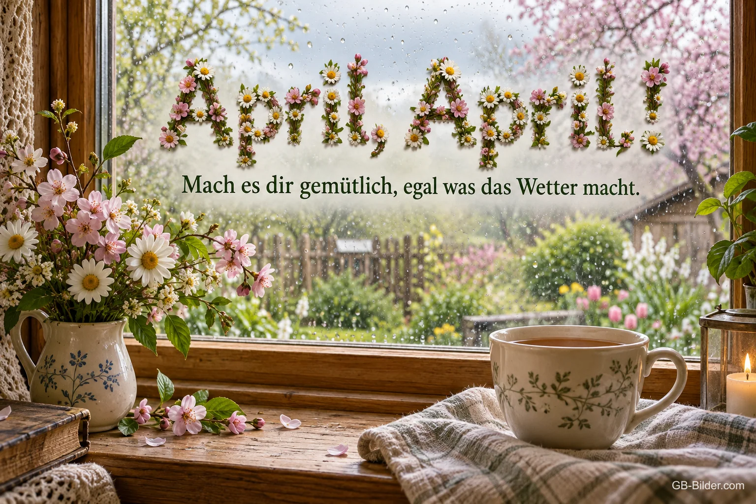 Tasse Tee und Blumen am Fenster, Text: April, April! Mach es dir gemütlich, egal was das Wetter macht.