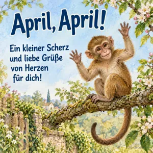 Winkendes Äffchen auf einem Ast, Text: April, April! Ein kleiner Scherz und liebe Grüße von Herzen