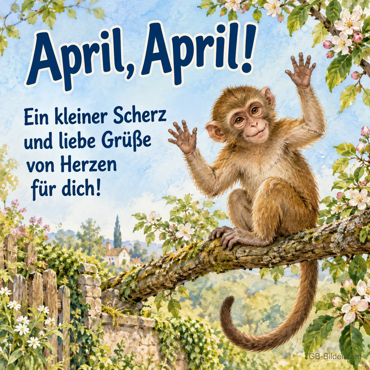Winkendes Äffchen auf einem Ast, Text: April, April! Ein kleiner Scherz und liebe Grüße von Herzen