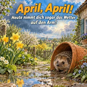 Igel im umgekippten Blumentopf, Text: April, April! Heute nimmt dich sogar das Wetter auf den Arm!