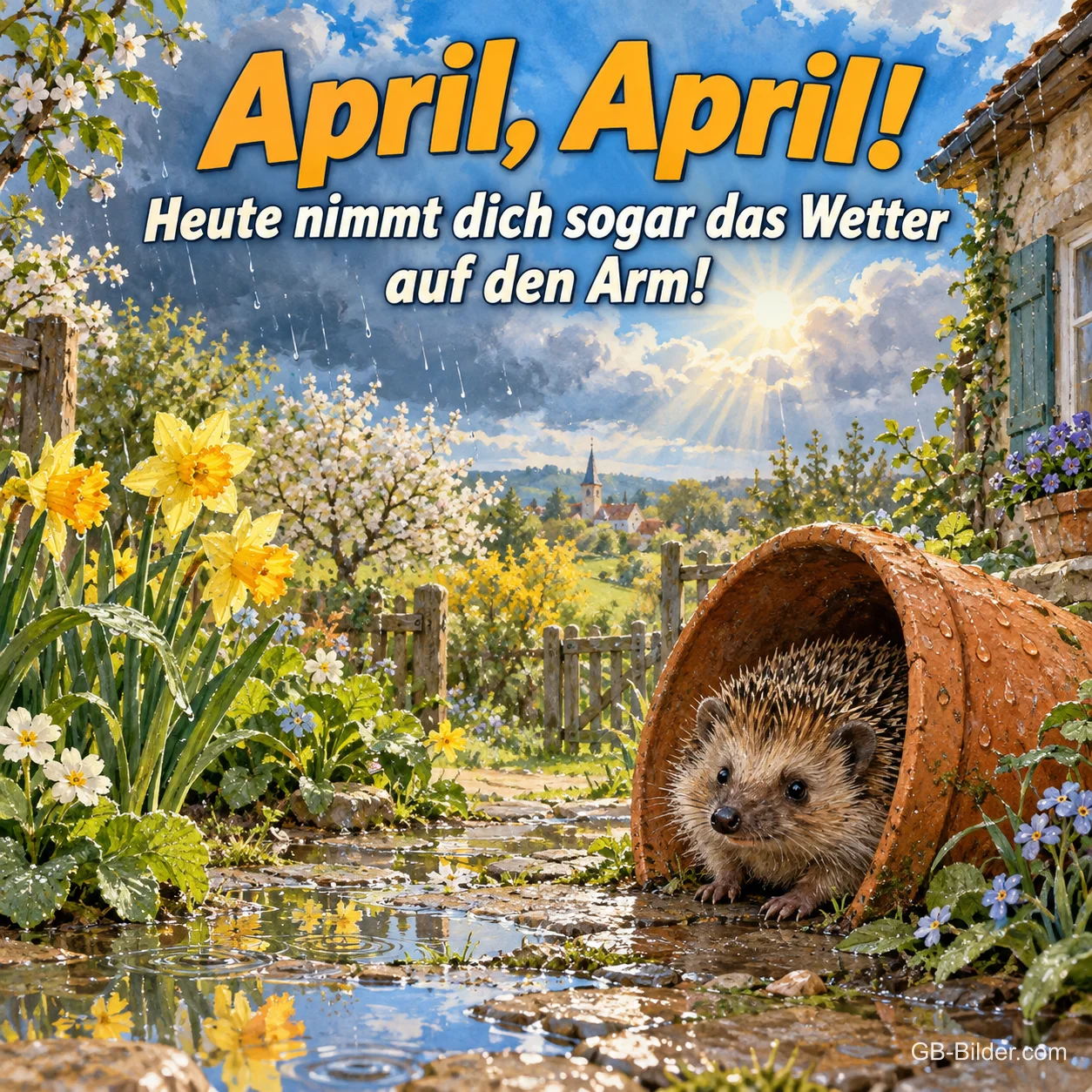 Igel im umgekippten Blumentopf, Text: April, April! Heute nimmt dich sogar das Wetter auf den Arm!