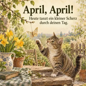 Katze greift nach einem Papierschmetterling, Text: April, April! Heute tanzt ein kleiner Scherz durch deinen Tag.