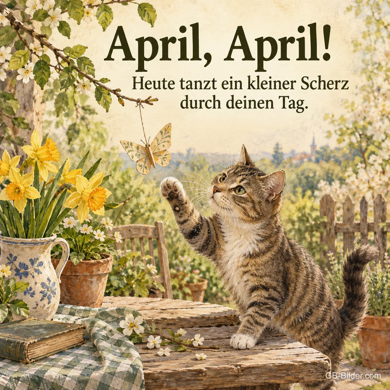 Katze greift nach einem Papierschmetterling, Text: April, April! Heute tanzt ein kleiner Scherz durch deinen Tag.