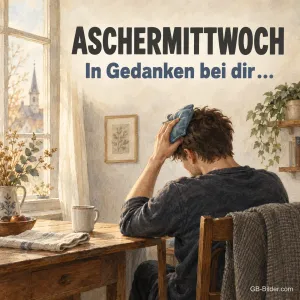 Mann mit Kühlakku am Kopf, Text: Aschermittwoch – In Gedanken bei dir