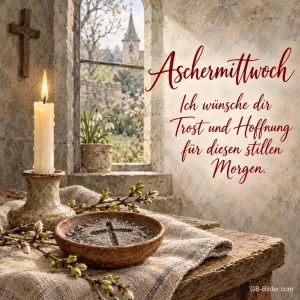Kerze und Aschenschale am Kirchenfenster, Text: Aschermittwoch – Trost und Hoffnung
