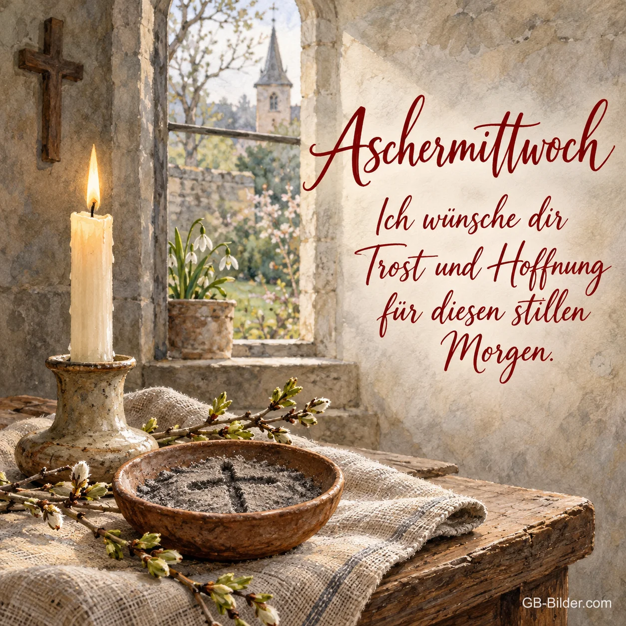 Kerze und Aschenschale am Kirchenfenster, Text: Aschermittwoch – Trost und Hoffnung