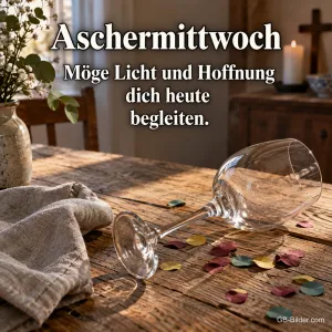 Umgekipptes Glas mit Konfetti, Text: Aschermittwoch – Möge Licht und Hoffnung dich heute begleiten.