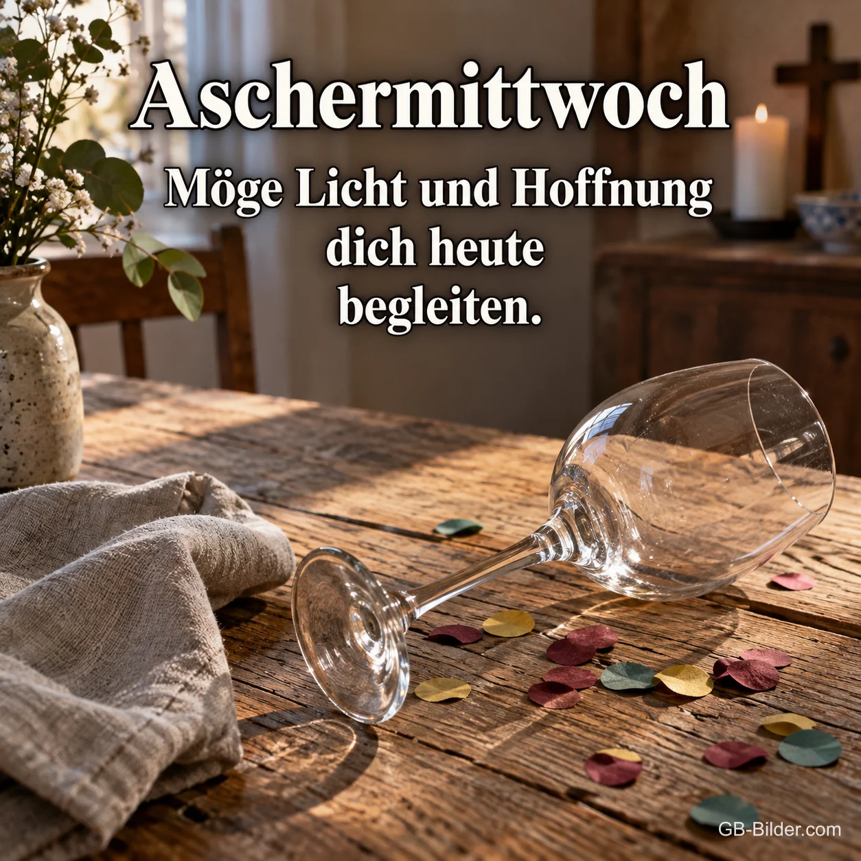 Umgekipptes Glas mit Konfetti, Text: Aschermittwoch – Möge Licht und Hoffnung dich heute begleiten.
