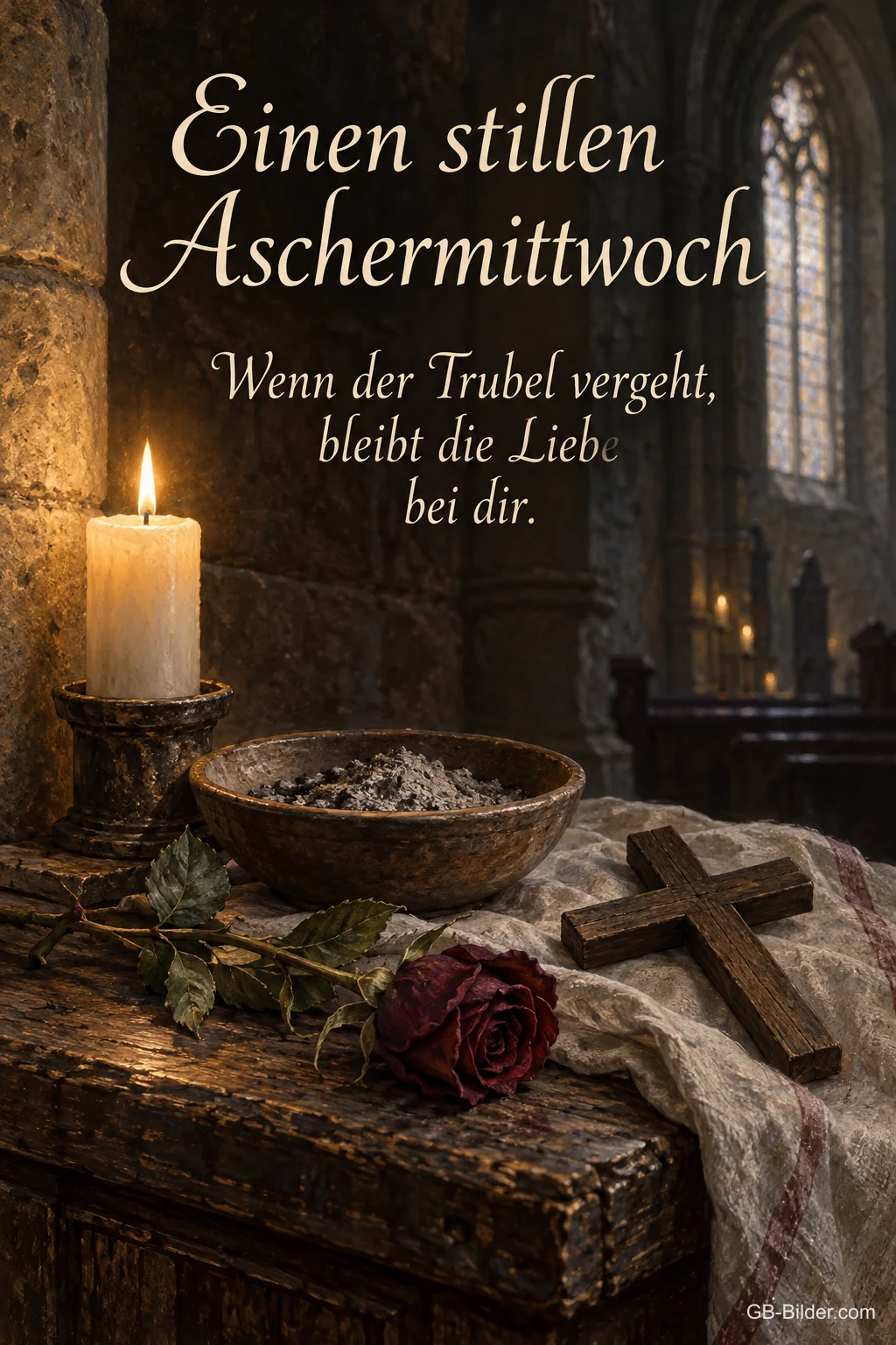 Kerze, Aschenschale und Holzkreuz, Text: Einen stillen Aschermittwoch