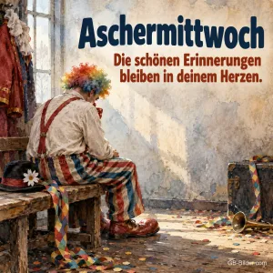 Nachdenklicher Clown von hinten, Text: Aschermittwoch – Die schönen Erinnerungen bleiben
