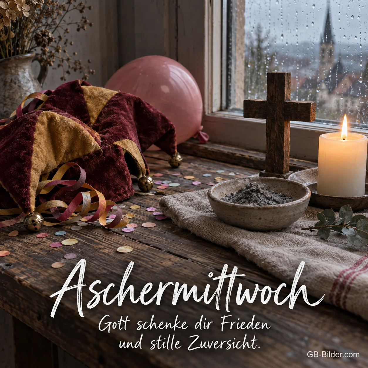 Narrenkappe, Holzkreuz und Kerze am Fenster, Text: Aschermittwoch – Gott schenke dir Frieden