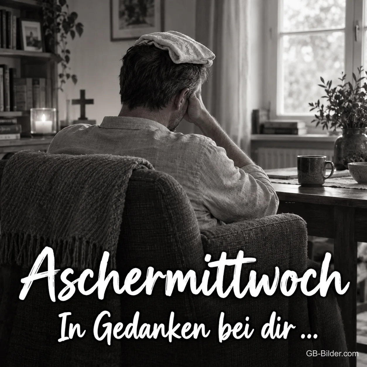 Mann im Sessel in Schwarz-Weiß, Text: Aschermittwoch – In Gedanken bei dir