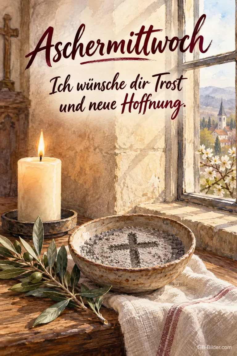 Kerze und Aschenschale am Fenster, Text: Aschermittwoch – Trost und neue Hoffnung