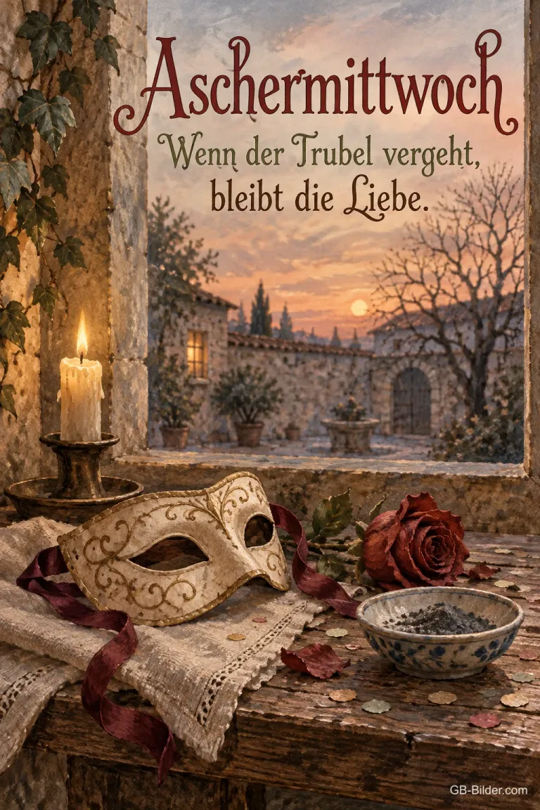 Maske, Rose und Kerze am Fenster, Text: Aschermittwoch – Wenn der Trubel vergeht, bleibt die Liebe.