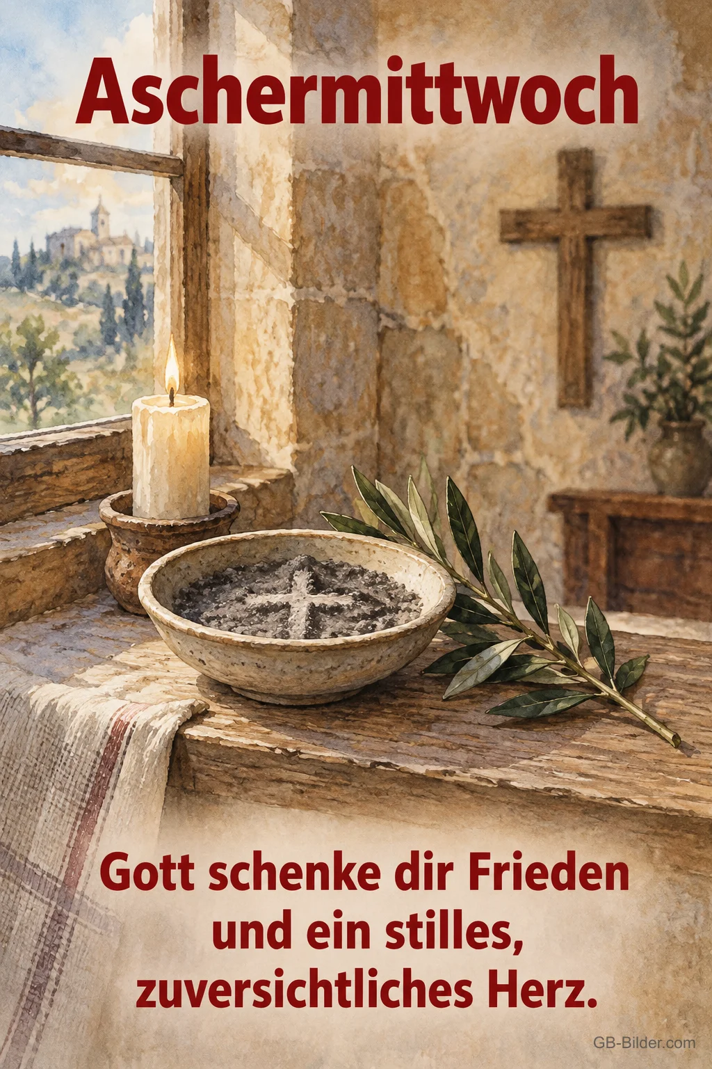 Kerze, Aschenschale und Holzkreuz, Text: Aschermittwoch – Gott schenke dir Frieden