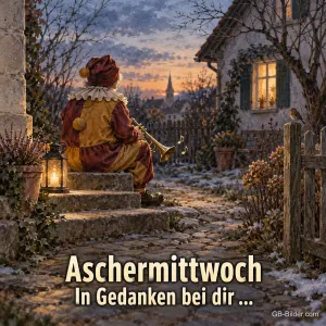 Musikant mit Trompete auf einer Treppe in der Dämmerung, Text: Aschermittwoch – In Gedanken bei dir