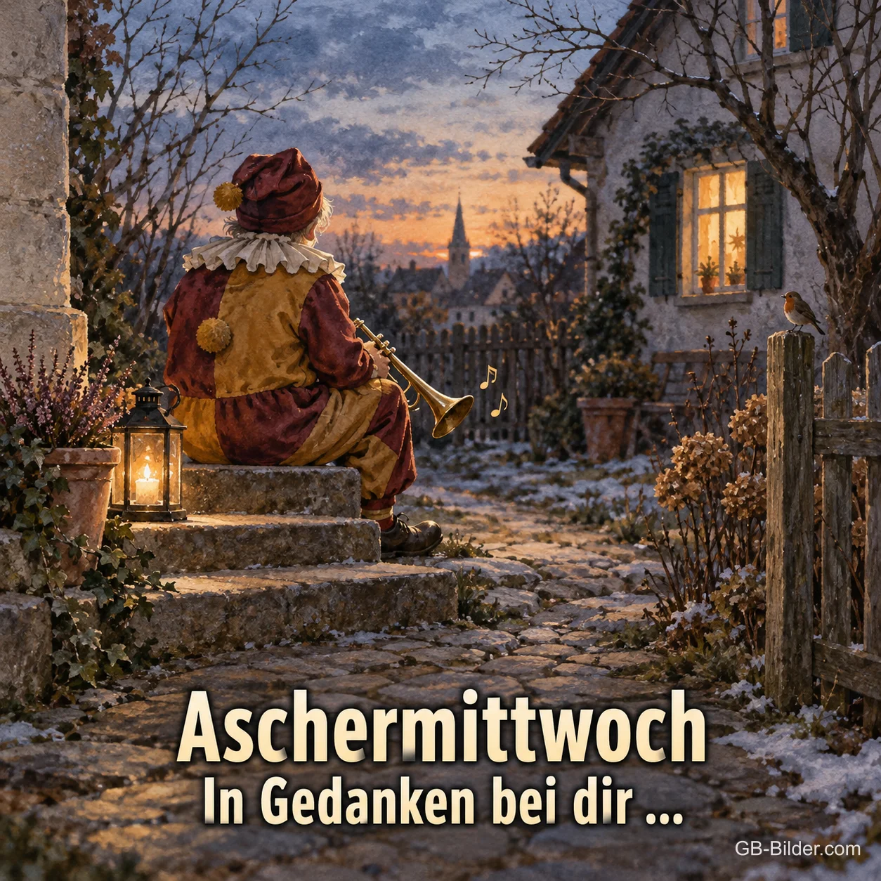 Musikant mit Trompete auf einer Treppe in der Dämmerung, Text: Aschermittwoch – In Gedanken bei dir