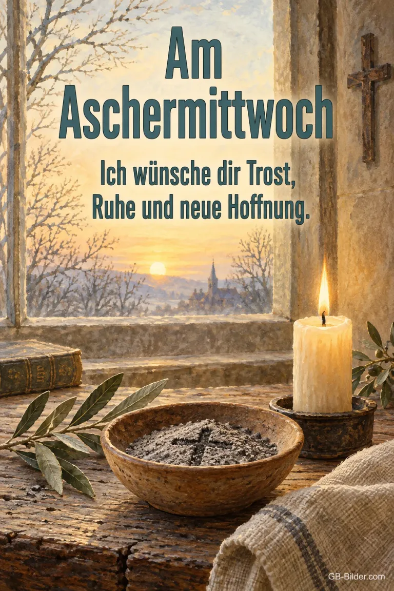 Kerze und Aschenschale am Fenster, Text: Am Aschermittwoch – Ich wünsche dir Trost, Ruhe und neue Hoffnung.